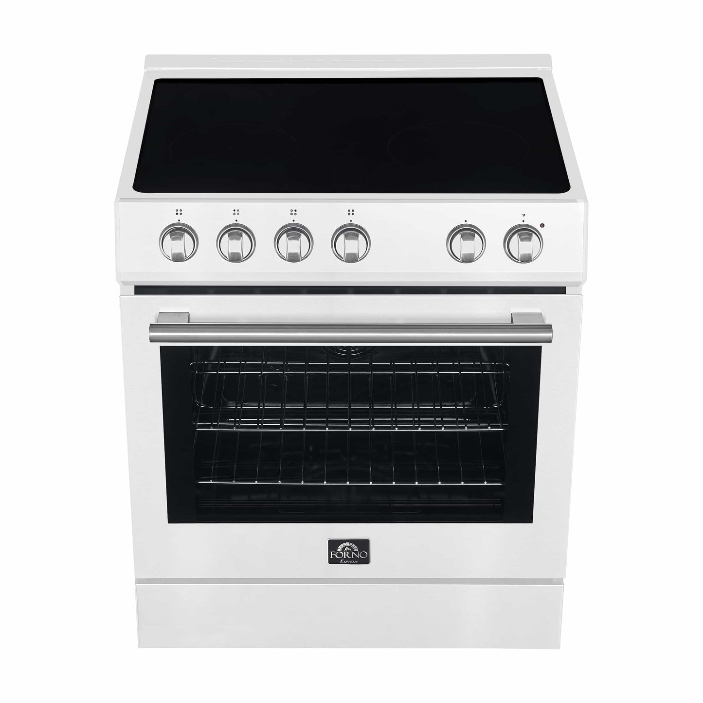 Forno 5-Piece Appliance Package - 30-Inch Electric Range, Under Cabinet Range Hood, Refrigerator with Water Dispenser, Dishwasher, and Microwave Drawer in White with Stainless Steel Trim - APW5-6012-30WHT