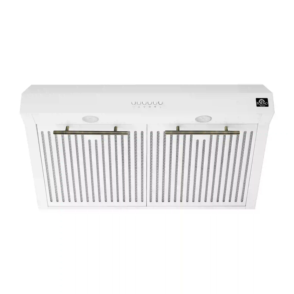 Forno 5-Piece Appliance Package - 30-Inch Induction Range, Under Cabinet Range Hood, Refrigerator with Water Dispenser, Dishwasher, and 30-Inch Microwave Oven in White with Antique Brass Trim - APW5-905-30WHT-MWO30