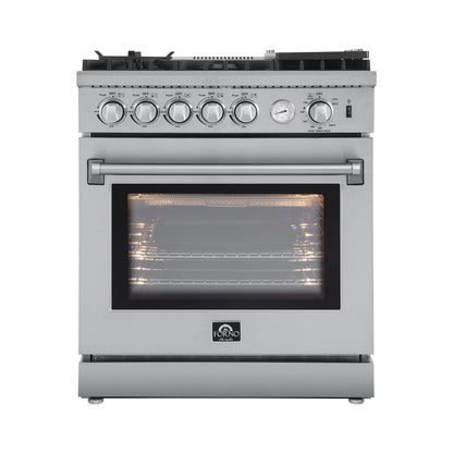 Forno 5-Piece Appliance Package - 30-Inch Gas Range with Air Fryer, Refrigerator, Wall Mount Hood, 24-Inch Microwave Drawer, & 3-Rack Dishwasher in Stainless Steel - APR5-6276-30-H-MWD