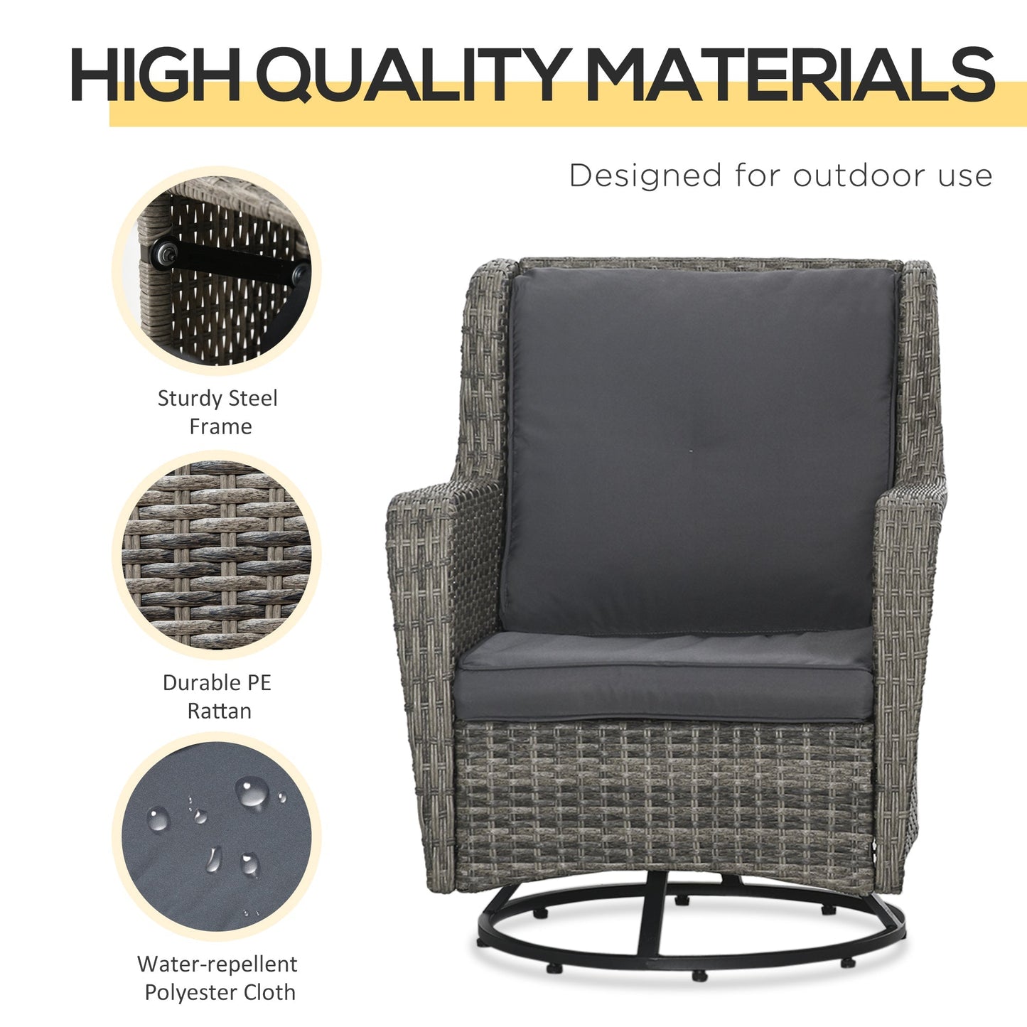 Outsunny 3 Pieces Patio Bistro Set with Glass Coffee Table and Swivel Porch Chairs, Gray - 863-113V00GG
