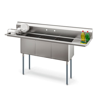 KOOLMORE 75 in Three Compartment Commercial Sink, Bowl Size 15x15x14, 18 Gauge Stainless-Steel with 2 Drainboards - KMSC15151415B3