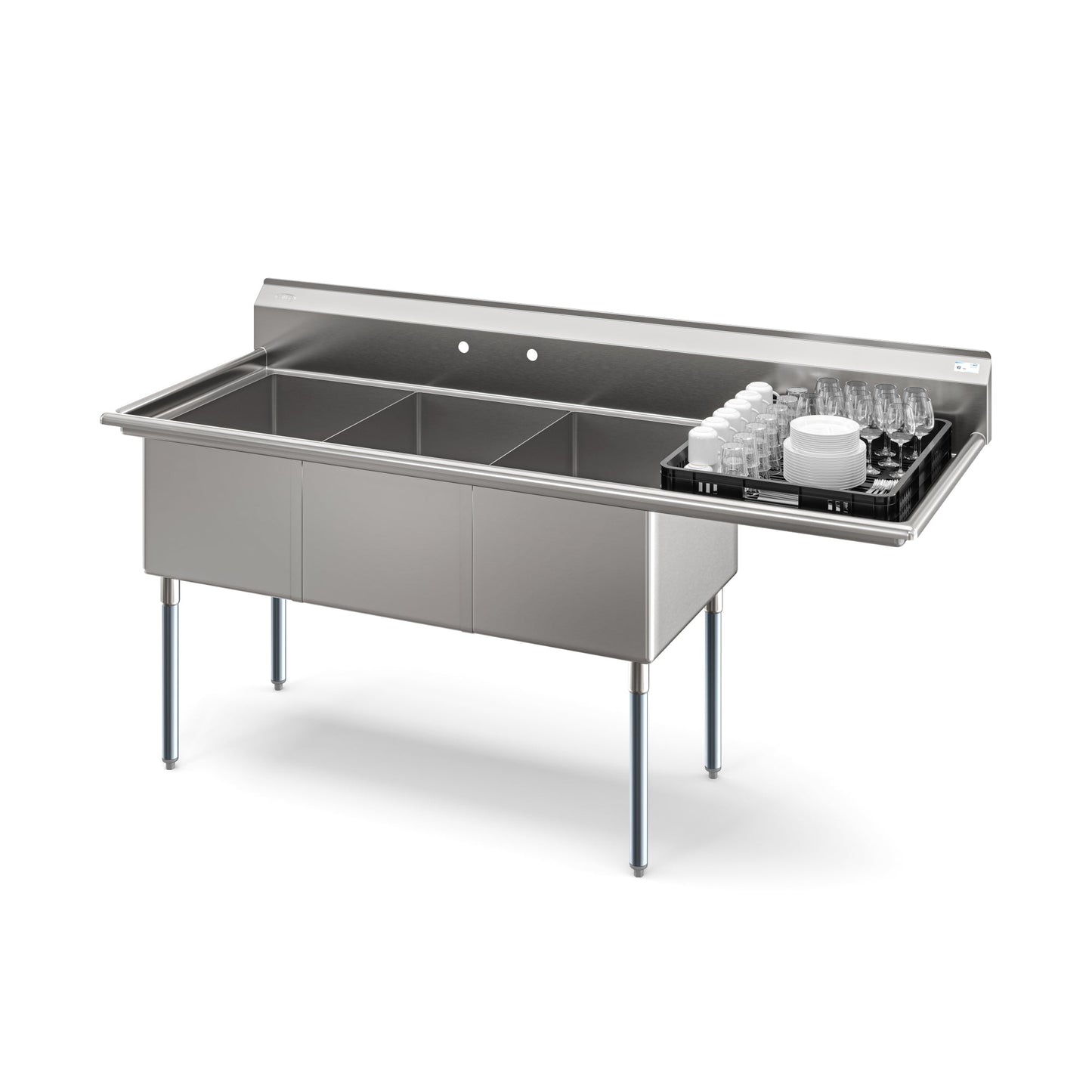 KOOLMORE KMSC18241424R3 81 in. Three Compartment Commercial Sink Bowl Size 18x24x14 Stainless-Steel 18 Gauge with Right Drainboard  - KM-SC182414-24R3