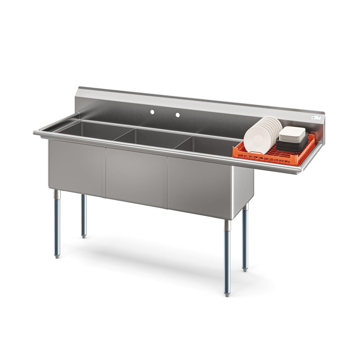 KOOLMORE 75 in. Three Compartment Commercial Sink Bowl Size 18x18x14 Stainless-Steel 18 Gauge with Right Drainboard  - KM-SC181814-18R3