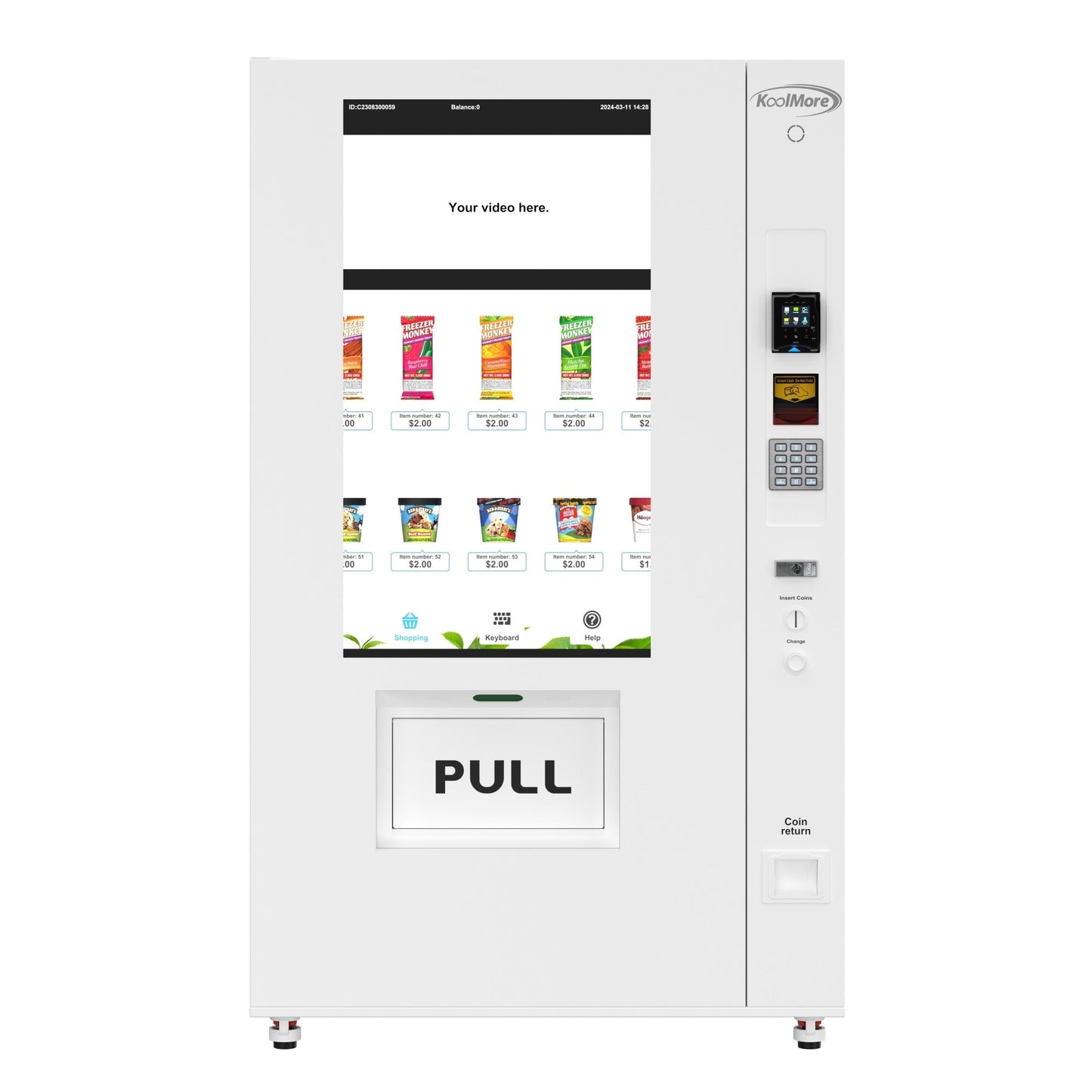 KOOLMORE KMVMFWT36BR 45 in. Commercial Freezer Ice Cream Vending Machine with 44 Slots, Ample 49 in. Touch Display, Bill Acceptor and Credit Card Reader in White  - KM-VMFWT-36BR