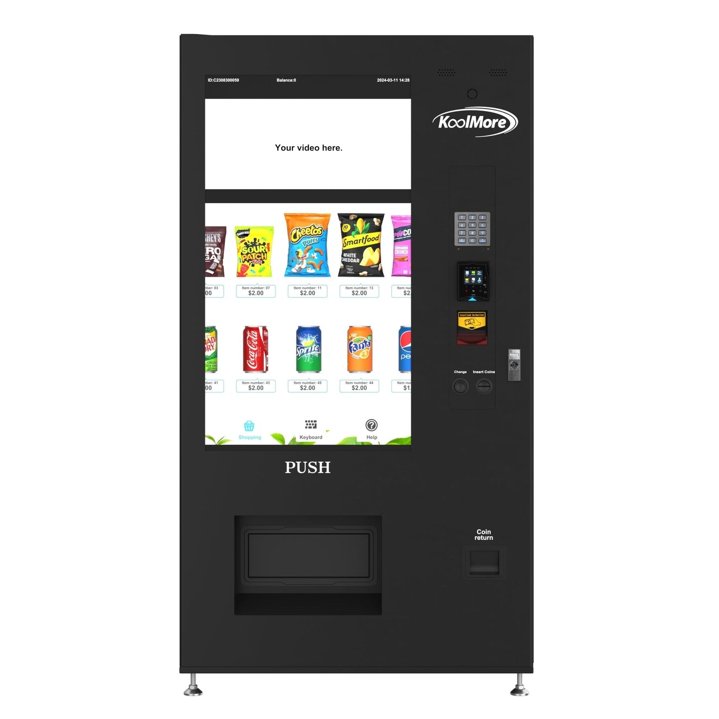 KOOLMORE KMVMRWT48BR 41 in. Refrigerated Snack Vending Machine with 48 Slots and Ample 49 in.Touch Display, Bill Acceptor, Credit Card Reader, Wifi, and 4G Connectivity in Black - KMVMRWT48BR