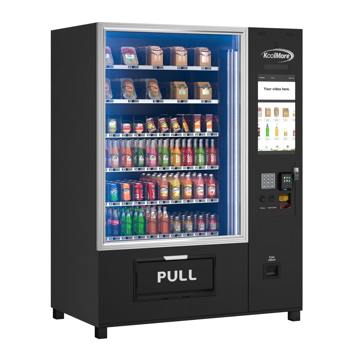 KOOLMORE KMVMRWT66EBCR Snack Vending Machine with 21.5 Inch Touch Display, 66 Slots and Elevator-Lift Dispensing System,Refrigerated, Bill and Coin Acceptor, Credit Card Reader, Wifi and 4G Connectivity in Black -  KM-VMRWT-66EBCR