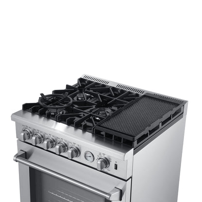 Forno 5-Piece Appliance Package - 30-Inch Gas Range with Air Fryer, Refrigerator with Water Dispenser, Wall Mount Hood, 24-Inch Microwave Drawer, & 3-Rack Dishwasher in Stainless Steel - APW5-6276-30-H-MWD