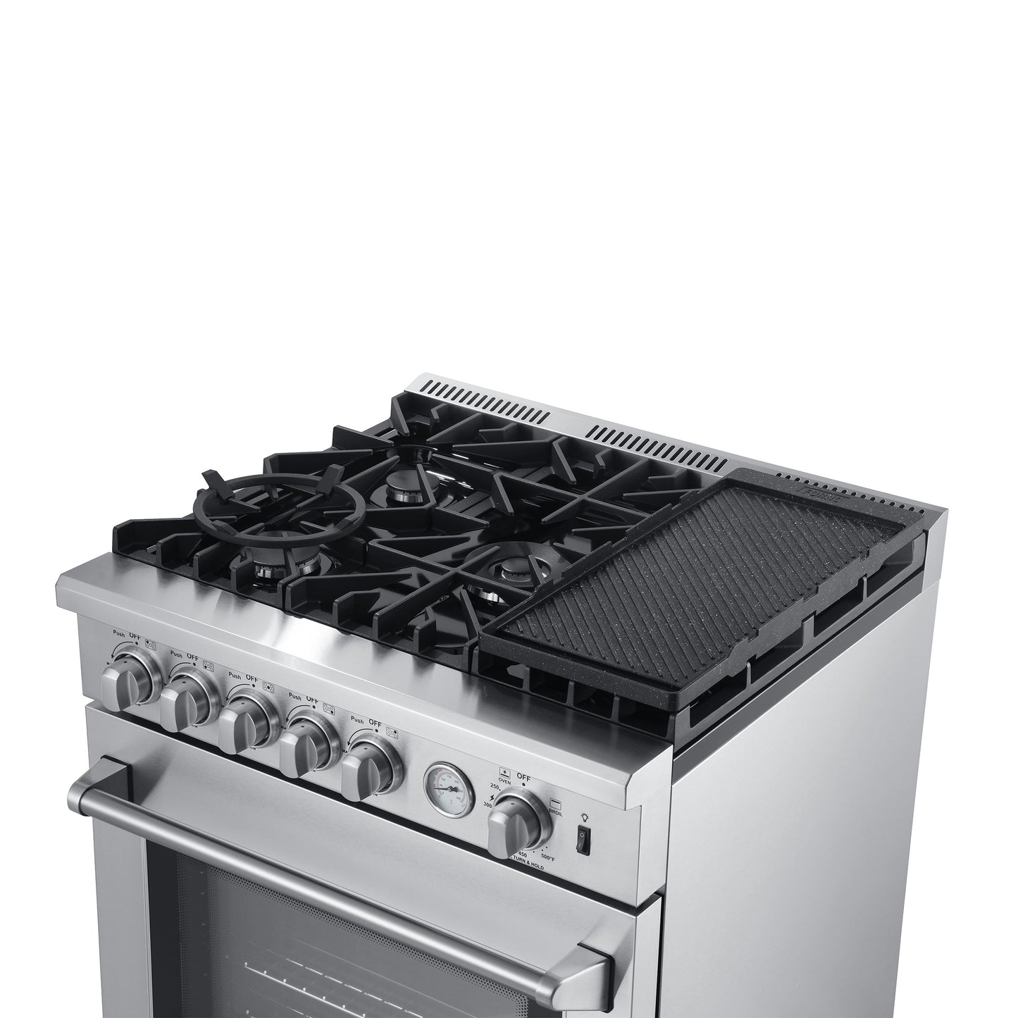Forno 5-Piece Appliance Package - 30-Inch Gas Range with Air Fryer, Refrigerator, Wall Mount Hood, 24-Inch Microwave Oven, & 3-Rack Dishwasher in Stainless Steel - APR5-6276-30-H-MWO