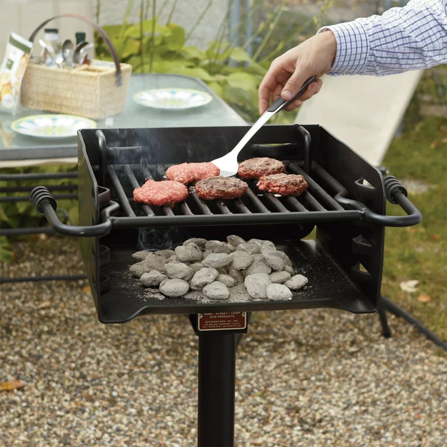 Pilot Rock Park Style Steel Outdoor BBQ Charcoal Grill and Post, Black (3 Pack) - 404010