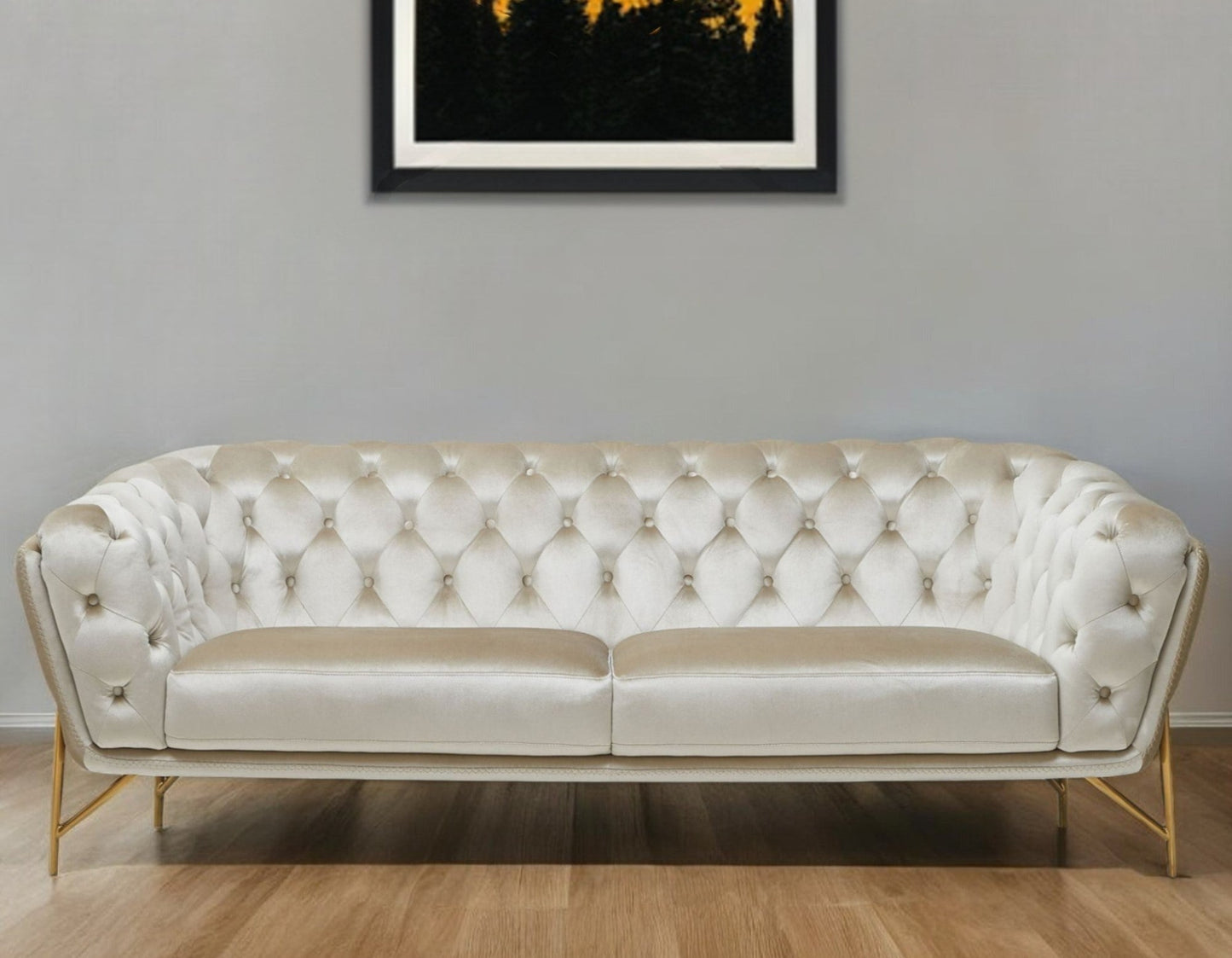 Modway Furniture 88" Beige Velvet Sofa with Gold Legs - Luxurious Comfort, Elegant Design & Tufted Detailing for Your Home - 488828-HOMEROOTS