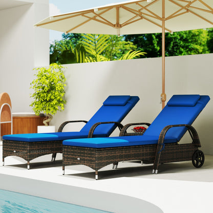 Outsunny 3-Piece Wicker Chaise Lounge Chair Set with Side Table, 5-Level Adjustable Backrest, Blue - 862-011V01BU