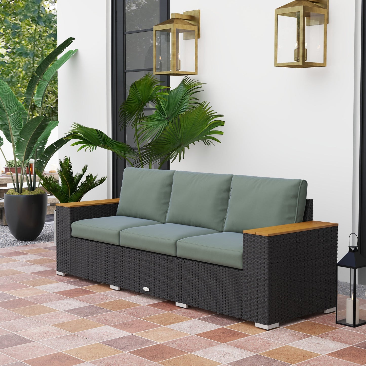Outsunny 3-Seat Rattan Patio Couch with Cushions and Wood Grain Wide Armrests, Dark Gray - 860-304V00CG