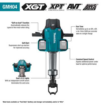 Makita GMH04PLX 80V max (40V max X2) XGT Brushless 70 lb. 1‑1/8" Hex AVT Breaker Hammer Kit, AWS Capable (8.0Ah) & FREE Makita GRH07M1 - GMH04PLX