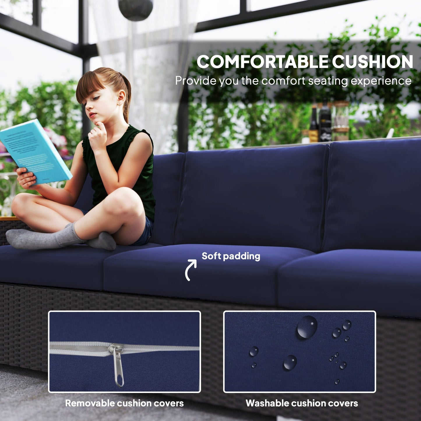 Outsunny 3-Seat Rattan Patio Couch with Cushions and Wood Grain Wide Armrests, Navy Blue - 860-304V00DB