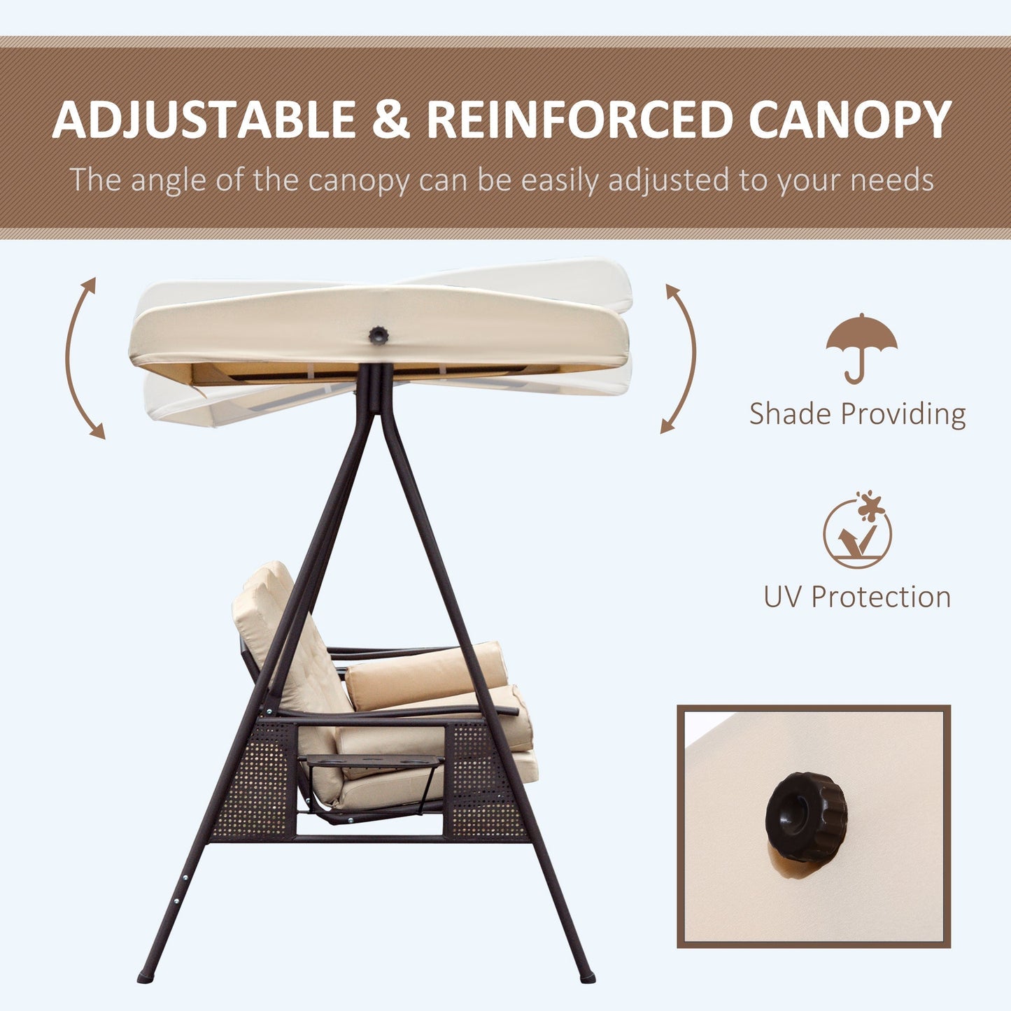 Outsunny 3-Seat Patio Swing Chair with Adjustable Canopy, Removable Cushion & Pillows, Beige -84A-068