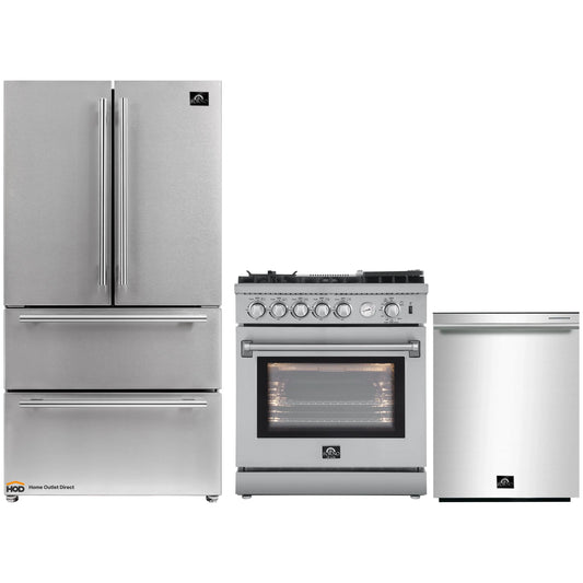 Forno 3-Piece Appliance Package - 30-Inch Gas Range with Air Fryer, French Door Refrigerator, and Dishwasher in Stainless Steel - AP3-6276-30