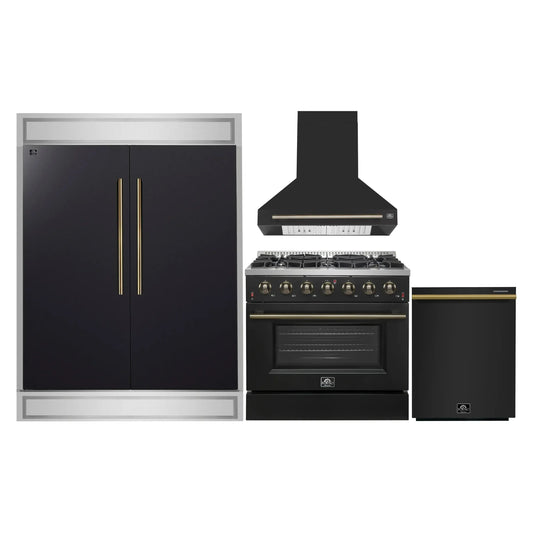 Forno 4-Piece Appliance Package - 36-Inch Gasl Fuel Range, Wall Mount Range Hood, 60-Inch Built-In Convertible Refrigerator, and Dishwasher in Black with Antique Brass Handle - AP4-6244-36BLK-5095-60MG