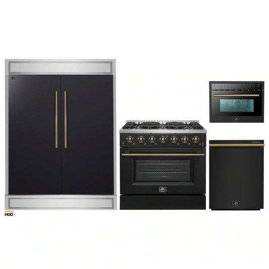 Forno 4-Piece Appliance Package - 36-Inch Gas Range, 60-Inch Convertible Refrigerator with Modern Trim, Dishwasher, and 24-Inch Microwave Oven in Black with Antique Brass Handle - AP4-6244-36BLK-MWO24-60MG