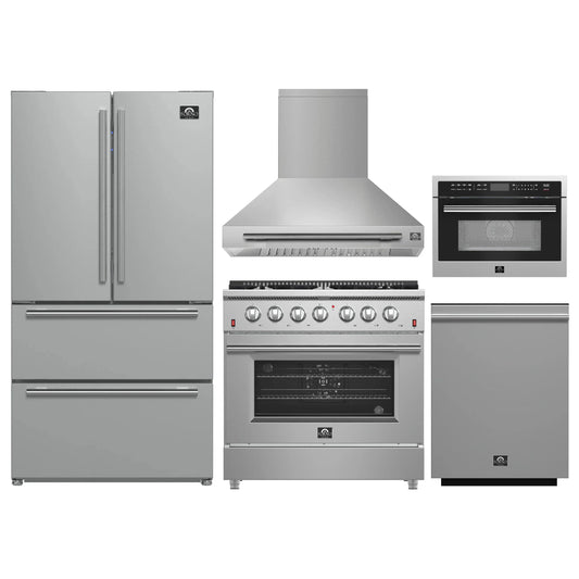 Forno 5-Piece Appliance Package - 36-Inch Gas Range, Wall Mount Range Hood, 36-Inch Refrigerator, Dishwasher, and 24-Inch Microwave Oven in Stainless Steel - AP5-6244-36-5095-24MO