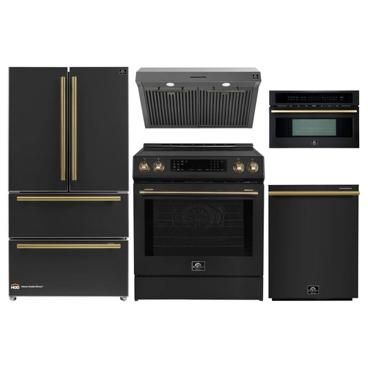 Forno 5-Piece Appliance Package - 30-Inch Induction Range, Under Cabinet Range Hood, Refrigerator, Dishwasher, and 30-Inch Microwave Oven in Black with Antique Brass Trim - APR5-905-30BLK-MWO30