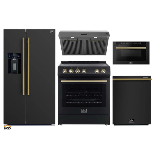 Forno 5-Piece Appliance Package - 30-Inch Electric Range, Under Cabinet Range Hood, Refrigerator with Water Dispenser, Dishwasher, and  Microwave Drawer in Black with Antique Brass Trim - APW5-6012-30BLK