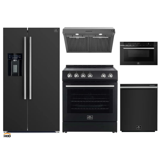 Forno 5-Piece Appliance Package - 30-Inch Electric Range, Under Cabinet Range Hood, Refrigerator with Water Dispenser, Dishwasher, and  Microwave Drawer in Black with Stainless Steel Trim - APW5-6012-30BLK