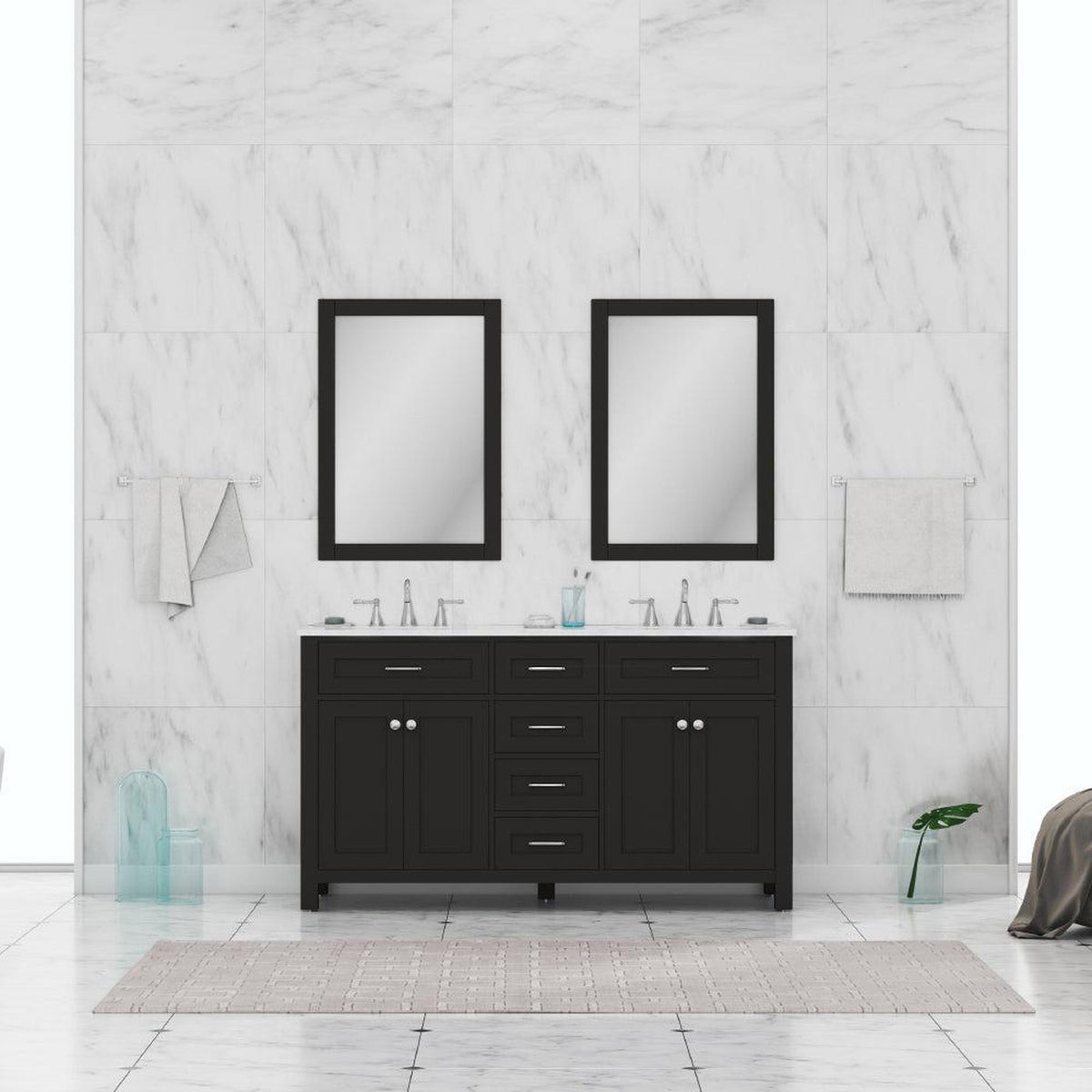 Alya Bath Norwalk 60" Double Espresso Freestanding  Bathroom Vanity With Carrara Marble Top, Ceramic Sinks and Two Mirrors