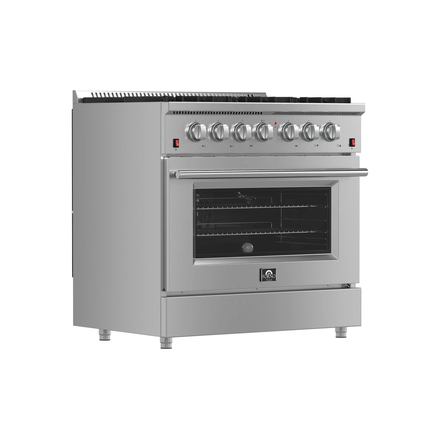 Forno 5-Piece Appliance Package - 36-Inch Gas Range, Wall Mount Range Hood, 60-Inch Refrigerator, Dishwasher, and 24-Inch Microwave Oven in Stainless Steel - AP5-6244-36-5095-60S-24MO