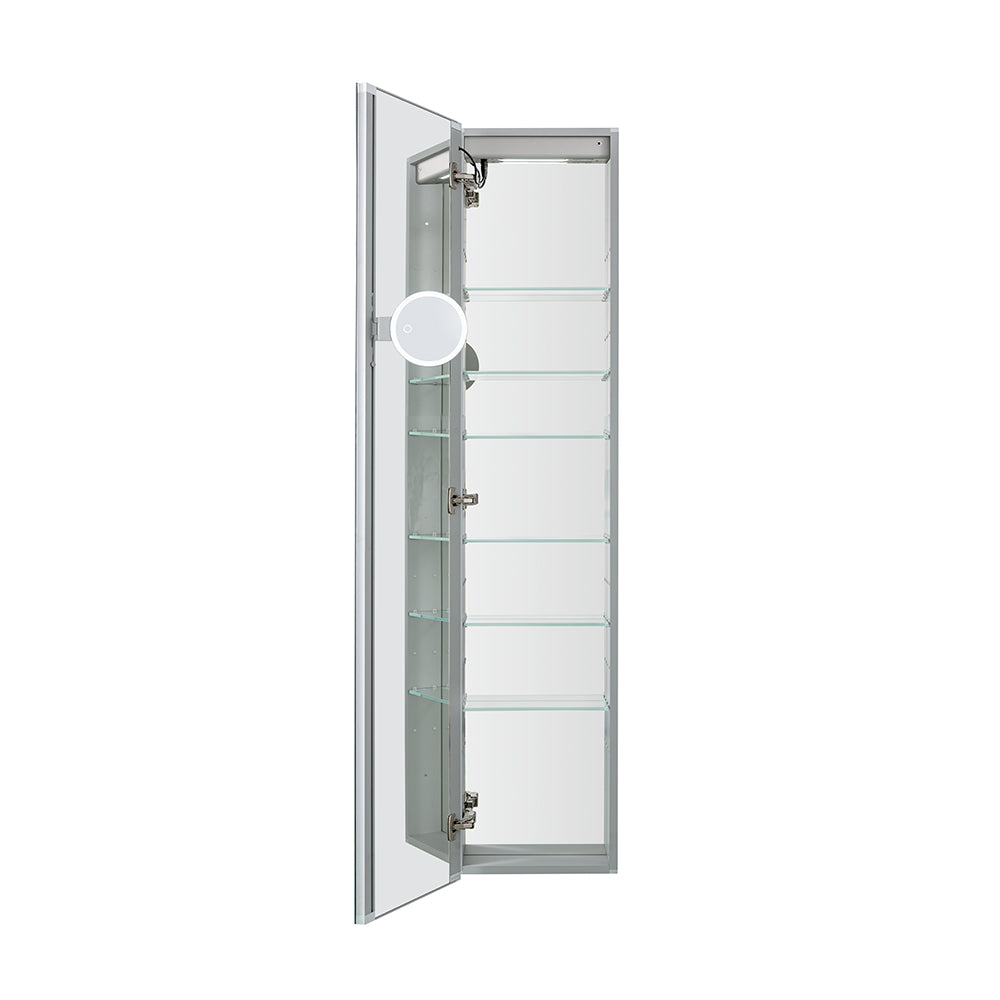 Aquadom Edge Royale 15" x 70" Left Hinged Medicine Cabinet With Lighting, Defogger, Integrated LED 3X Magnifying Mirror, 8mm Clear Adjustable Glass Shelves and Electrical Outlet With USB - ER-1570L-N
