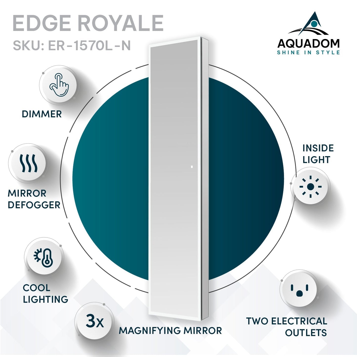 Aquadom Edge Royale 15" x 70" Left Hinged Medicine Cabinet With Lighting, Defogger, Integrated LED 3X Magnifying Mirror, 8mm Clear Adjustable Glass Shelves and Electrical Outlet With USB - ER-1570L-N