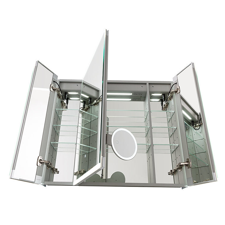 Aquadom Edge Royale 36" x 32" Triple-Door LED Lighted Medicine Cabinet With Defogger, Integrated LED 3X Magnifying Mirror, 8mm Clear Adjustable Glass Shelves and Electrical Outlet With USB - ER3-3632-N