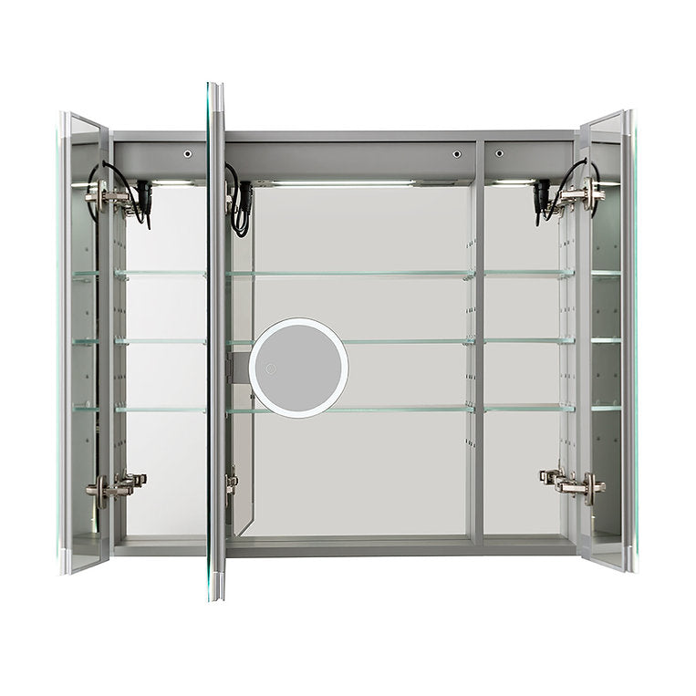 Aquadom Edge Royale 36" x 32" Triple-Door LED Lighted Medicine Cabinet With Defogger, Integrated LED 3X Magnifying Mirror, 8mm Clear Adjustable Glass Shelves and Electrical Outlet With USB - ER3-3632-N
