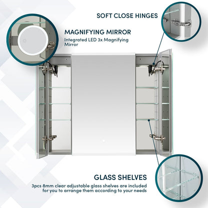 Aquadom Edge Royale 36" x 32" Triple-Door LED Lighted Medicine Cabinet With Defogger, Integrated LED 3X Magnifying Mirror, 8mm Clear Adjustable Glass Shelves and Electrical Outlet With USB - ER3-3632-N