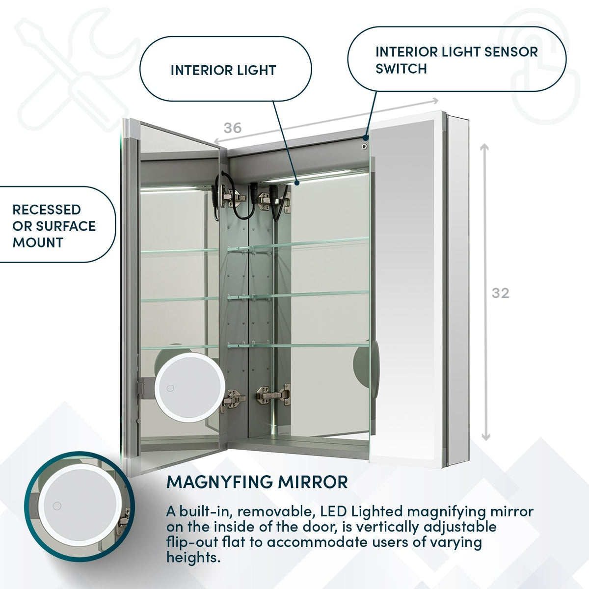 Aquadom Edge Royale 36" x 32" Triple-Door LED Lighted Medicine Cabinet With Defogger, Integrated LED 3X Magnifying Mirror, 8mm Clear Adjustable Glass Shelves and Electrical Outlet With USB - ER3-3632-N
