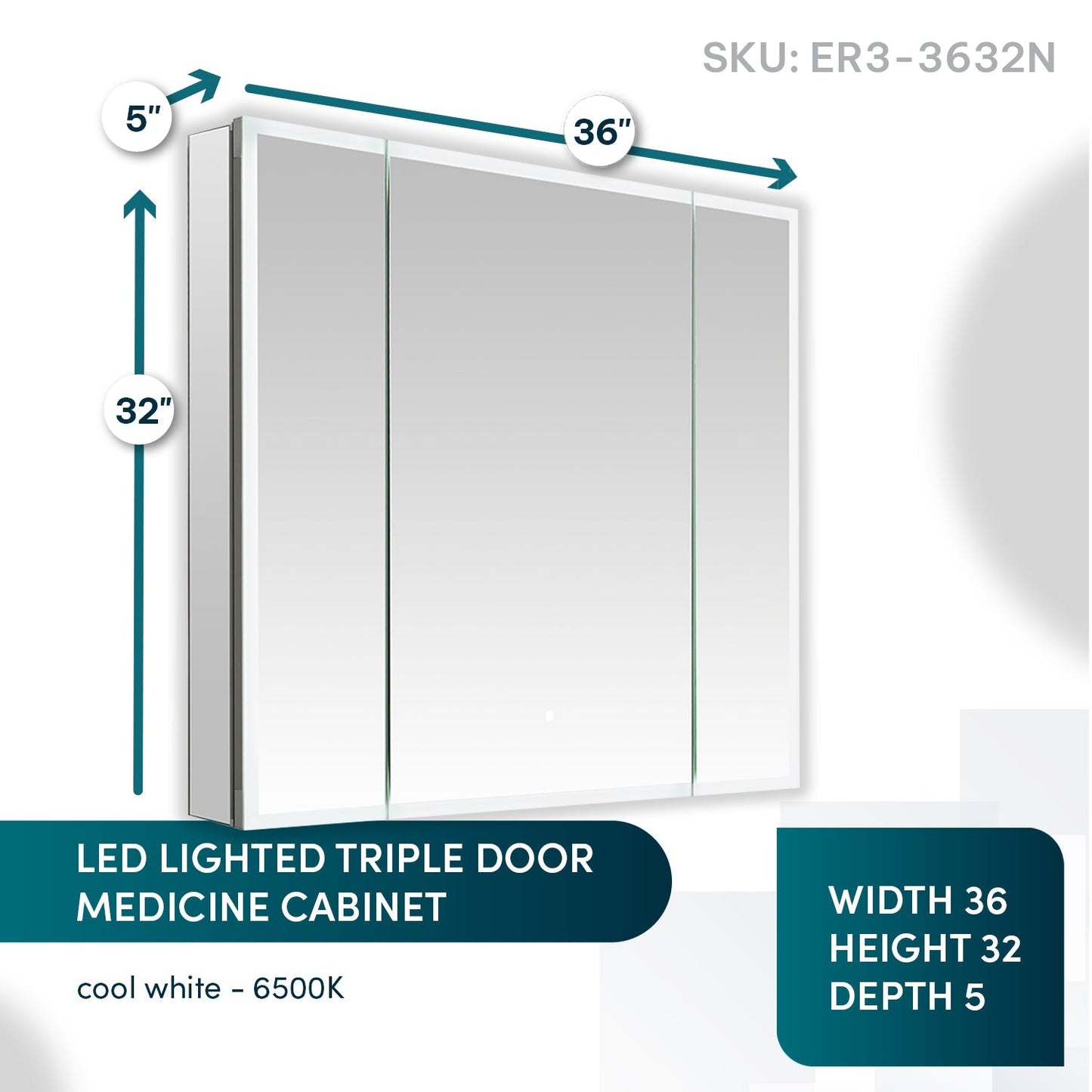 Aquadom Edge Royale 36" x 32" Triple-Door LED Lighted Medicine Cabinet With Defogger, Integrated LED 3X Magnifying Mirror, 8mm Clear Adjustable Glass Shelves and Electrical Outlet With USB - ER3-3632-N