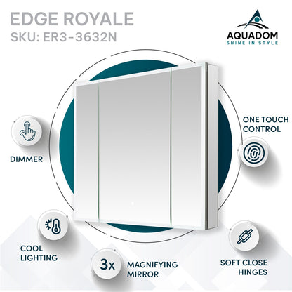 Aquadom Edge Royale 36" x 32" Triple-Door LED Lighted Medicine Cabinet With Defogger, Integrated LED 3X Magnifying Mirror, 8mm Clear Adjustable Glass Shelves and Electrical Outlet With USB - ER3-3632-N