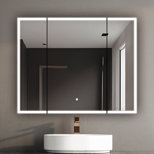 Aquadom Edge Royale 40" x 32" Triple-Door LED Lighted Medicine Cabinet With Defogger, Integrated LED 3X Magnifying Mirror, 8mm Clear Adjustable Glass Shelves and Electrical Outlet With USB - ER3-4032-N