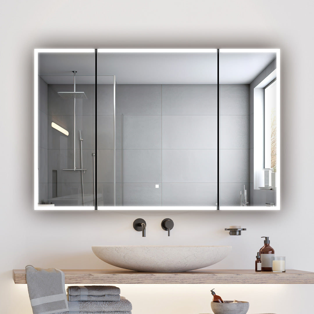 Aquadom Edge Royale 48" x 32" Triple-Door LED Lighted Medicine Cabinet With Defogger, Integrated LED 3X Magnifying Mirror, 8mm Clear Adjustable Glass Shelves and Electrical Outlet With USB - ER3-4832-N