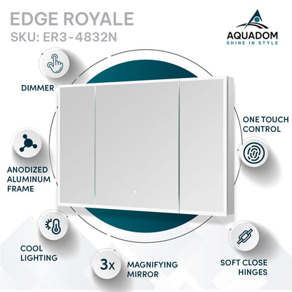 Aquadom Edge Royale 48" x 32" Triple-Door LED Lighted Medicine Cabinet With Defogger, Integrated LED 3X Magnifying Mirror, 8mm Clear Adjustable Glass Shelves and Electrical Outlet With USB - ER3-4832-N