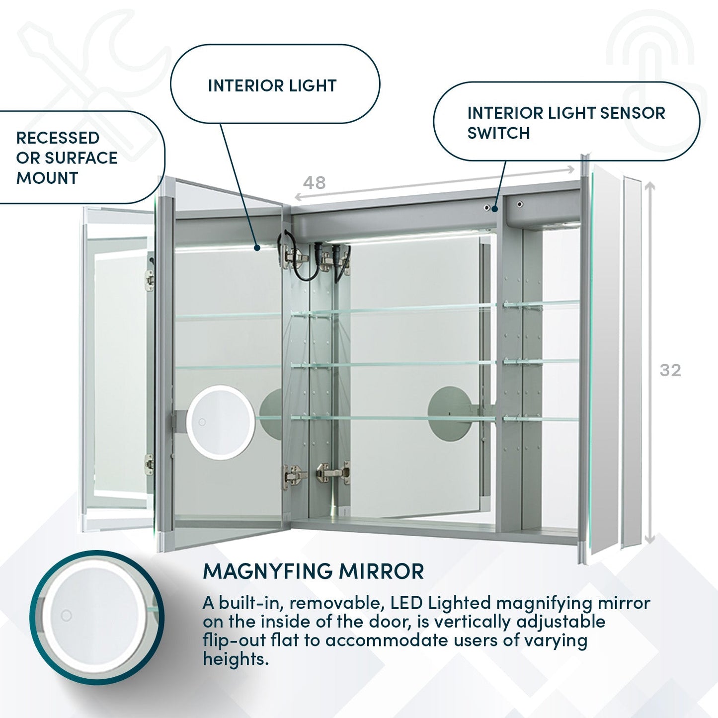 Aquadom Edge Royale 48" x 32" Triple-Door LED Lighted Medicine Cabinet With Defogger, Integrated LED 3X Magnifying Mirror, 8mm Clear Adjustable Glass Shelves and Electrical Outlet With USB - ER3-4832-N