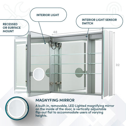 Aquadom Edge Royale 48" x 32" Triple-Door LED Lighted Medicine Cabinet With Defogger, Integrated LED 3X Magnifying Mirror, 8mm Clear Adjustable Glass Shelves and Electrical Outlet With USB - ER3-4832-N
