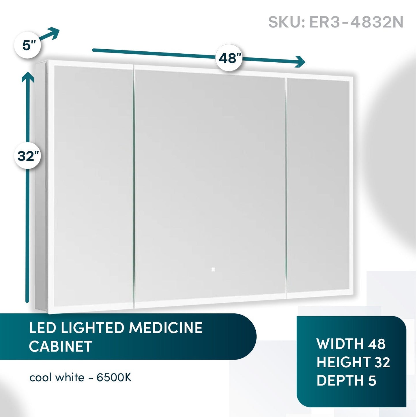 Aquadom Edge Royale 48" x 32" Triple-Door LED Lighted Medicine Cabinet With Defogger, Integrated LED 3X Magnifying Mirror, 8mm Clear Adjustable Glass Shelves and Electrical Outlet With USB - ER3-4832-N