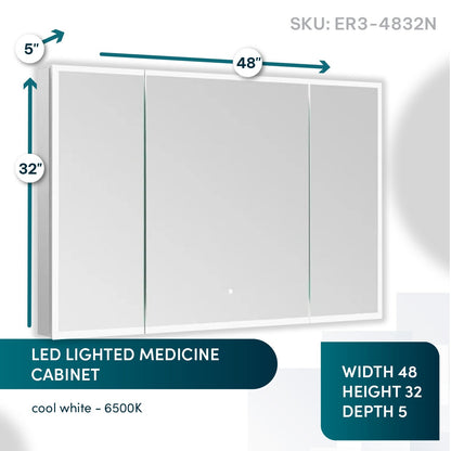 Aquadom Edge Royale 48" x 32" Triple-Door LED Lighted Medicine Cabinet With Defogger, Integrated LED 3X Magnifying Mirror, 8mm Clear Adjustable Glass Shelves and Electrical Outlet With USB - ER3-4832-N