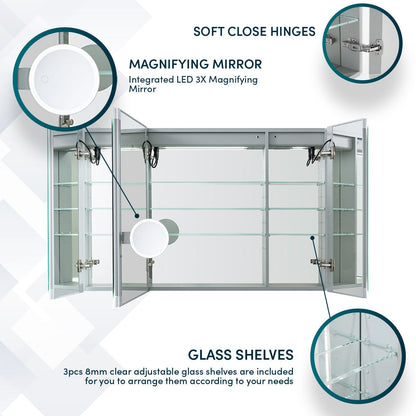 Aquadom Edge Royale 48" x 32" Triple-Door LED Lighted Medicine Cabinet With Defogger, Integrated LED 3X Magnifying Mirror, 8mm Clear Adjustable Glass Shelves and Electrical Outlet With USB - ER3-4832-N