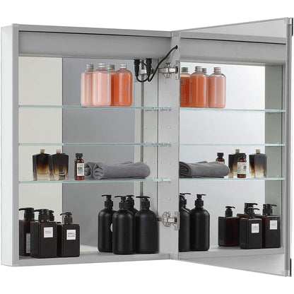 Aquadom Pacifica 20" x 26" Rectangular Recessed or Surface Mount Single View LED Lighted Right-Hinged Bathroom Medicine Cabinet With Defogger And Electrical Outlet - P-2026R