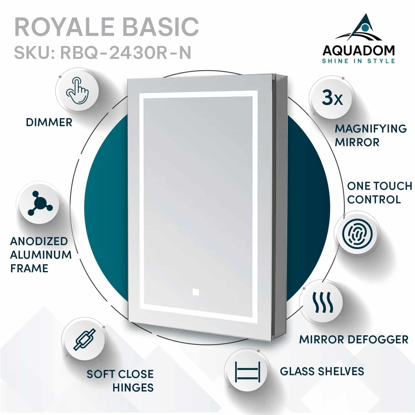 Aquadom Royale Basic Q 24" x 30" Rectangular Single View Right-Hinged Recessed or Surface Mount Medicine Cabinet With LED Lighting, Touch Screen Button, Dimmer - RBQ-2430R-N