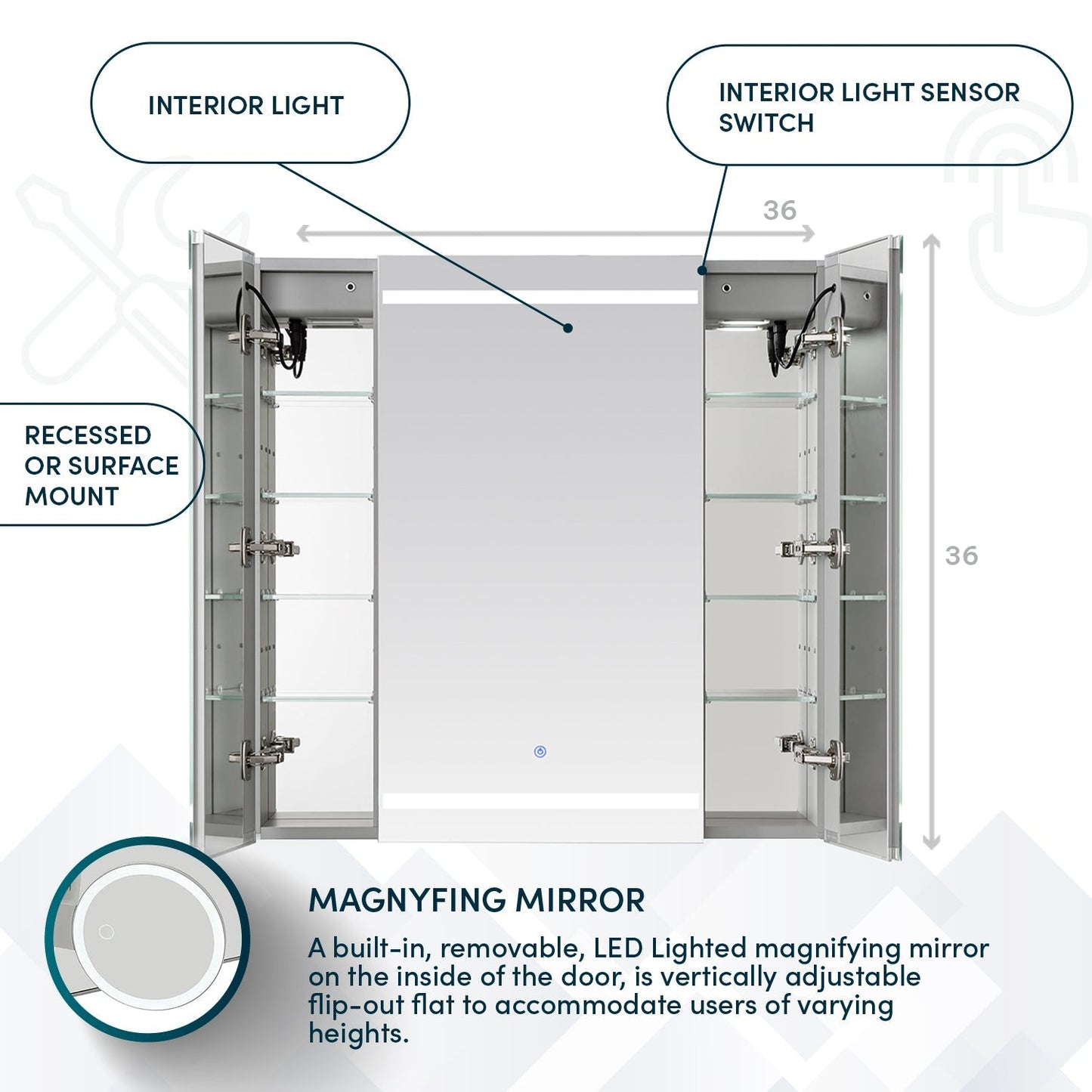 Aquadom Royale Plus 36" x 36" Triple-Door LED Lighted Medicine Cabinet With Defogger, Integrated LED 3X Magnifying Mirror and Electrical Outlet With USB - RP3-3636-N