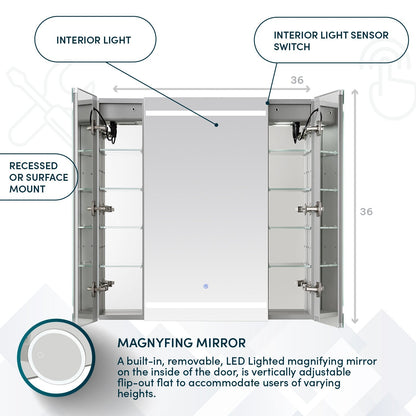 Aquadom Royale Plus 36" x 36" Triple-Door LED Lighted Medicine Cabinet With Defogger, Integrated LED 3X Magnifying Mirror and Electrical Outlet With USB - RP3-3636-N
