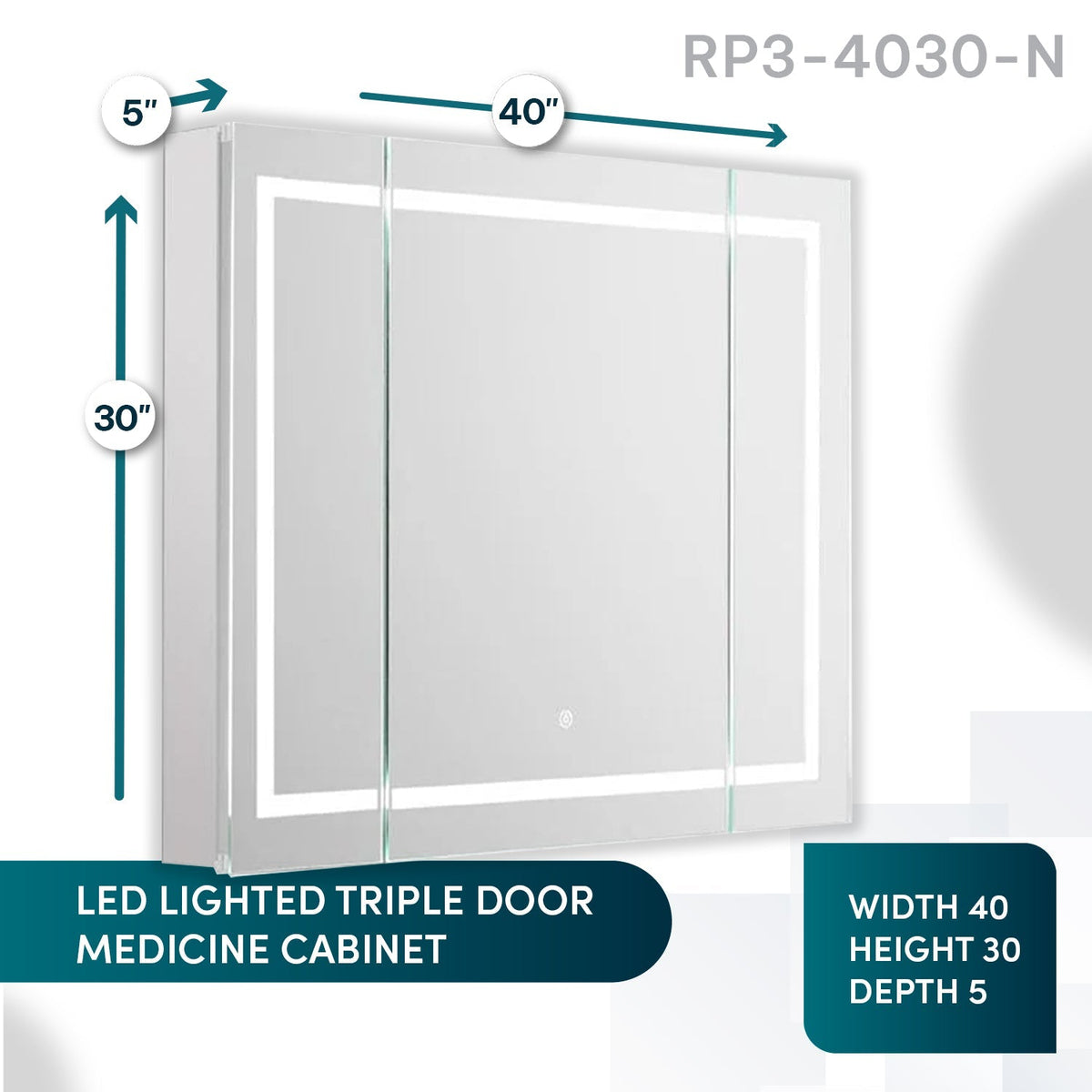 Aquadom Royale Plus 40" x 30" Triple-Door LED Lighted Medicine Cabinet With Defogger, Integrated LED 3X Magnifying Mirror and Electrical Outlet With USB - RP3-4030-N