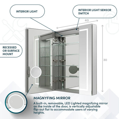 Aquadom Royale Plus 40" x 30" Triple-Door LED Lighted Medicine Cabinet With Defogger, Integrated LED 3X Magnifying Mirror and Electrical Outlet With USB - RP3-4030-N